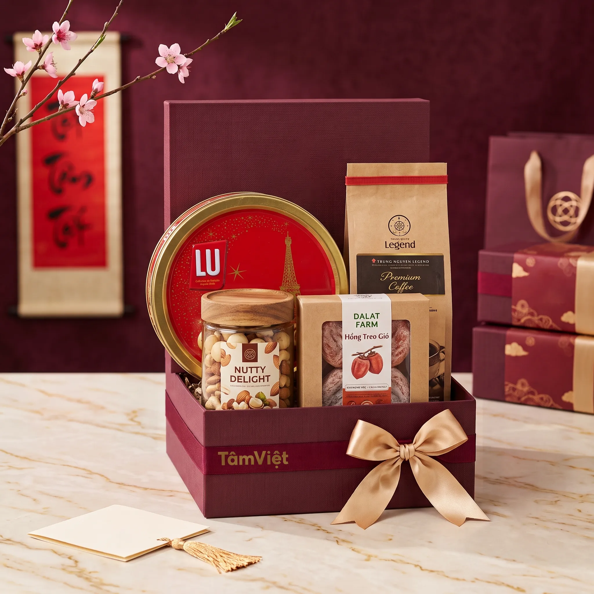 Set quà Tết doanh nghiệp thiết kế đồng bộ theo màu thương hiệu